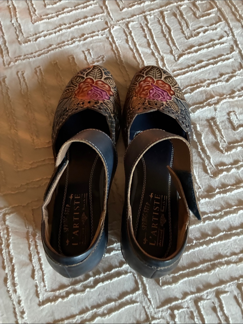 L'ATISTE Navy Leather Mary Janes with Pink & Orange Floral Emboss - Picture 5 of 11
